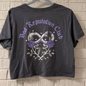Bad Reputation Club Crop Tee w/ Purple Roses and Rattlesnake Graphics. M